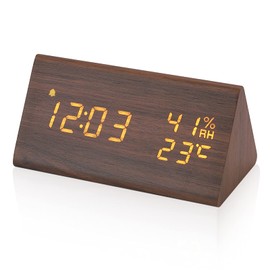 Digital Alarm Clock, LED Time Display, 3 Alarm Clock Settings, USB Powered, Humidity and Temperature Sensing Electronic Clock, Suitable for Bedroom, Bedside Table, Desk, Office, Kids, Family (Brown)
