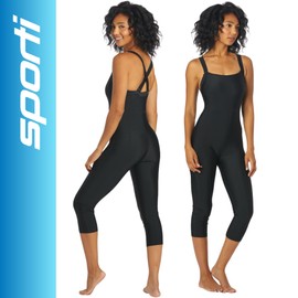 Sporti Active Solid One Piece Cropped Swim Unitard, Black, Medium