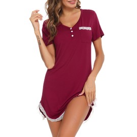 Vlazom Women's Nightdresses & Nightshirts Sexy Lace Trim Sleep Shirt Dress Soft V Neck Nightgown Sleepwear A Style-Burgundy, M