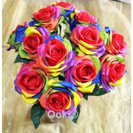 12 Stem Artificial Silk Color Rainbow Rose Flower Bush Bouquet DIY Arrangement