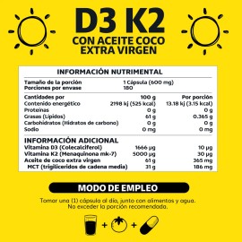 Vitamina D3  Vitamina K2 con Aceite de Coco Extra Virgen  MCT (Trigliceridos) Aceite Coco Capsulas Cpsula Blanda Premium - Vitaminas Mujer  Hombre -  