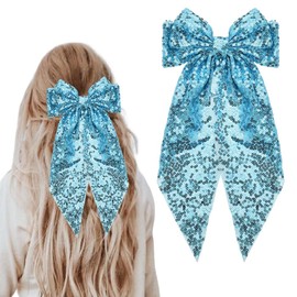 Big Blue Sequin Hair Bow Clips Ponytail Holder Bow-Knot Hair Barrette Princess Hair Accessories Costume for Women Girls Glitter Birthday Party Hair Bow Cosplay Headpiece