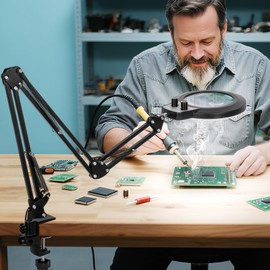 KIRKAS 12X & 30X Magnifying Glass with Light and Clamp, Extra-long Arm Magnifying Lamp Overhead Knob for Workbench Craft Repair Sewing, LED Lighted Magnifier Real Glass Lens Stepless Dimming and Color