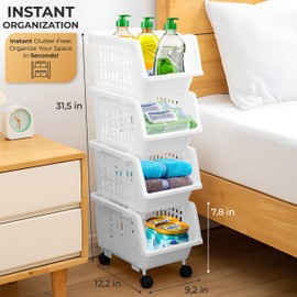 Skywin Plastic Stackable Storage Bins - 4 Pack Small Open Front Storage Bins For Toy Organizers and Storage Bins For Pantry, Kitchen, and Bathroom Essentials (White)