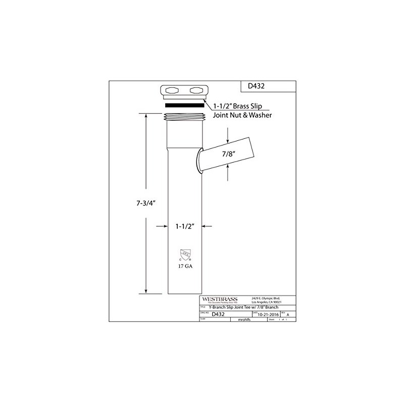 Westbrass Slip-Joint Wye with 7/8 in. Branch Unfinished Brass 1-1/2