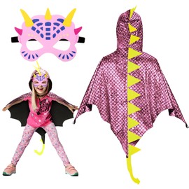 Landifor 2pcs Dinosaur Costume for Kids Pink Dino Fancy Dress Outfit Dragon-Wings Cape with Dino Mask for 3-8 Years Toddler Jurassic Themed Party Costume Cosplay Pretend Play