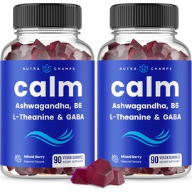 NutraChamps Calm Gummies, Stress Gummies Supplement with Ashwagandha, L-Theanine, GABA, Vitamin B6 & Lemon Balm, 90 Gummies (Pack of 2)