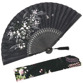 OMyTea Folding Hand Fan for Women - Foldable Japanese Chinese Oriental Vintage Retro Bamboo Silk Fan - for Church, Decoration, Hot Flash, Dance, Performance, Party, Gift (Black Grassflowers)