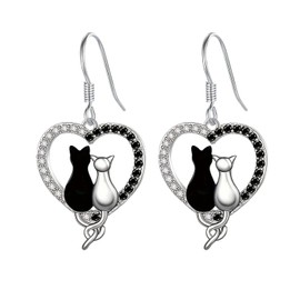 Heart Crystal Black Cat Dangle Drop Earrings for Women Cute Cartoon Animal Pendant Earrings (Silver)