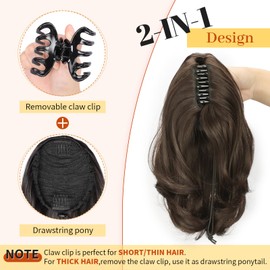 KooKaStyle Ponytail Extension, 10" Short Claw Clip in Pony Tails Hair Extensions Curly Wavy Synthetic Drawstring Hairpieces for Women(Cedar Brown)