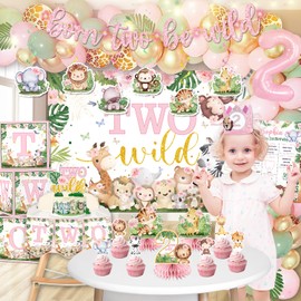 Cocomigo128Pcs Two Wild Birthday Decorations Girl, Jungle Safari Theme 2nd Birthday Decorations for Girl, Born Two Be Wild Birthday Decorations Girl, 2 Year Old Birthday Decorations Girl