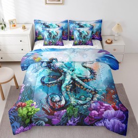 jejeloiu Octopus Comforter,Marine life Sealife Bedding Set King Size 7 Pieces,Sea Creatures Bed in a Bag with Comforter,Sheets,Pillowcases & Cushion Cover,Summer Ocean Marine Underwater Animal Pattern