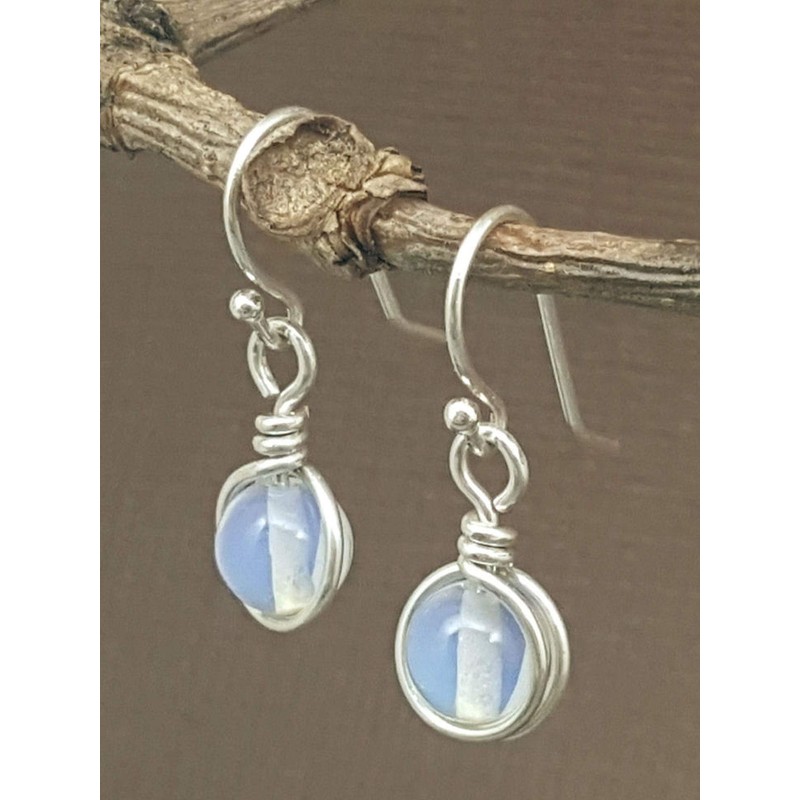 Sterling Silver Opalite Iridescent Glass Dangle Drop Earrings
