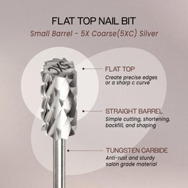 USA PANA Professional 3/32" Shank Size - Flat Top Small Barrel Carbide Bit - 5X Coarse Grit to Extra Fine Grit - Gold, Silver, DLC Black - Nail Drill Bit for Dremel Machine (5X Coarse, Silver)