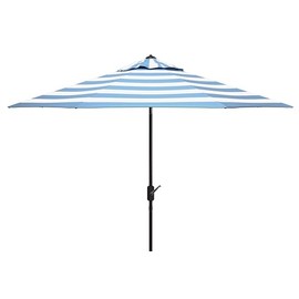 SAFAVIEH 9ft Outdoor Patio Umbrella, Round, Iris Collection, Baby Blue & White Stripe, Auto Crank Tilt, UV Resistant for Deck, Backyard, Poolside (PAT8004U)