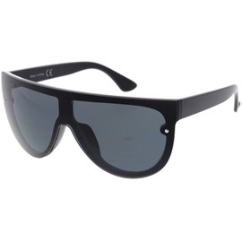 zeroUV - Modern Fashion Flat Top Flash Mirror Shield Plastic Aviator Sunglasses (Black/Smoke)