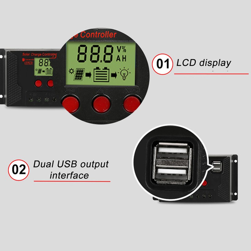 LCD PWM Solar Charge Controller 12V 24V Automatic Recognition Solar