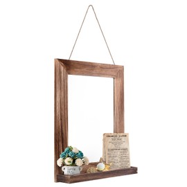 QDSSDECO 16"×20" Wall Mirror with Shelf Farmhouse Decor Rectangular Mirror Hanging for Bathroom, Vanity, Bedroom, Entryway, Living Room,Brown with Hemp Rope
