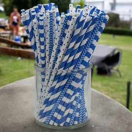 MIJOMA Paper Straws, Eco-Friendly Paper Straws for Kids Birthday, Wedding, Baby Christening, Party - Biodegradable (Blue - Dots & Stripes, Pack of 100)