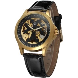 FORSINING Automatic Mechanical Movement Hollow PU Strap Causal Men Watch(Black+Gold)