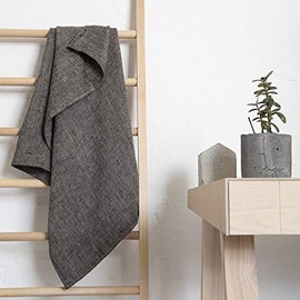 LinenMe Huckaback Linen Bath Towel Chevron in Black 65 x 130 cm, Made in Europe