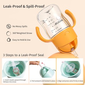 Evorie Tritan Weighted Straw Sippy Cup with Handles for Baby and Toddlers, Spill Proof Baby Water Bottle with Straw for 6 Months and up, 7 Oz, Infant Training Water Bottle (Bumble bee)