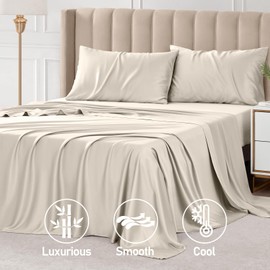 Vipfree Full Sheet Set, 100% Rayon Derived from Bamboo, 4-Piece, 16 Inch Deep Pockets, Cooling Sheets for Full Size Bed Set, Breathable & Silky Soft, Hotel Bedding Sheets & Pillowcases, Sand