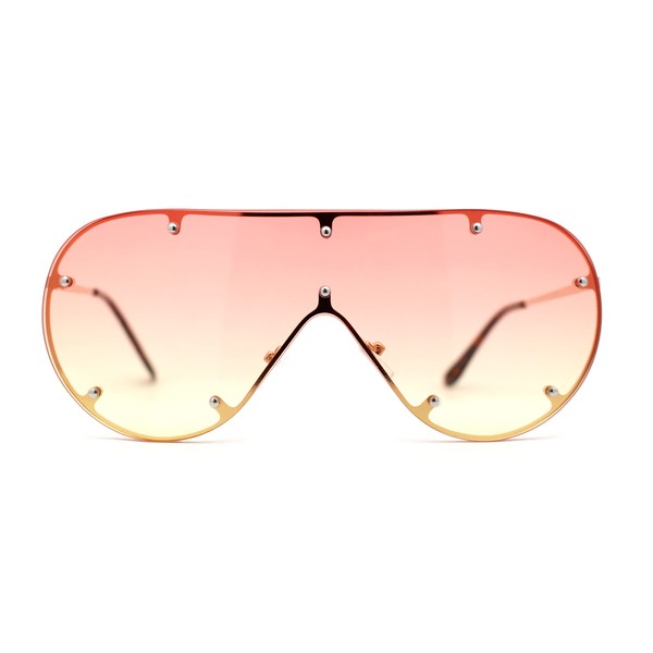 Large Shield Racer Rimless Metal Stud Trim Sunglasses Gold Orange