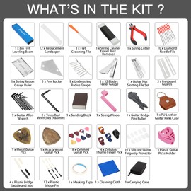 Luthier Tools Guitar Kit, Guitar Setup Tool Kit, Guitar Repairing Maintenance Tool Kit with Fret Leveling Beam Files Ruler Gauge Measuring Tool Wrenches Picks Bridge Pins, Gift for Music Enthusiast