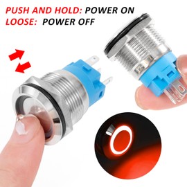 GUNGY Pressure Switch Waterproof 19 mm Switch 12-24 V 3A Momentary Push Button Switch Brass 5 Pin with Red Ring LED Light for Car Boat Motorcycle Pack of 5