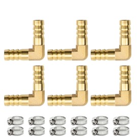 Bwintech 6 Pcs 8mm Brass 2 Way L Shape Elbow Hose Connector with 12 Clamps
