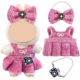 Doll Clothes Set for 17cm Plush Dolls – Tweed Dress, Bow & Mini Bag – Doll Outfit Doll Accessories Gifts – Fits Bunny Plush Toys – For Girls & Boys (Pink)
