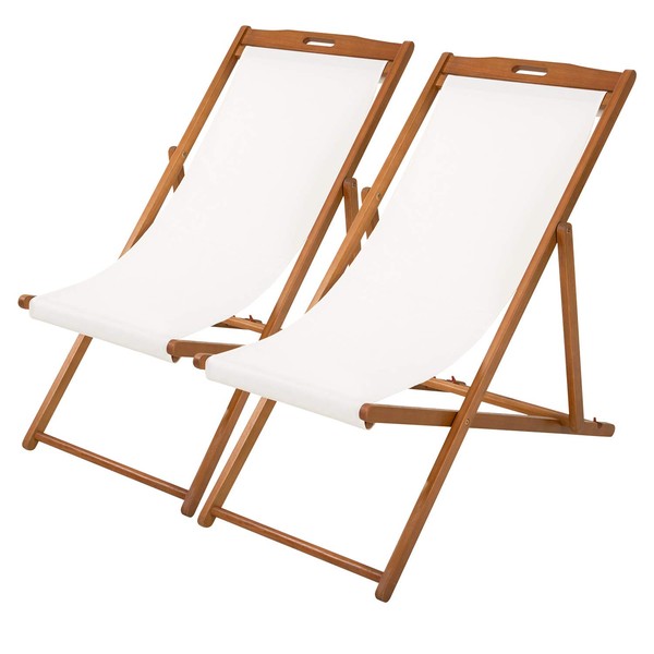 FDW Beach Sling Patio Chair for Relaxing, Foldable with Adjustable Height Made from Eucalyptus Wood with White Polyester (White, Brown)