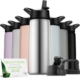 SipX™ Triple-Insulated Stainless Steel Water Bottle 25oz. With 3 Lids, BPA-Free Reusable Insulated Water Bottle Keeps Cold 24 Hours, Metal Water Bottle Made Of Sustainable Material For Hiking & Biking