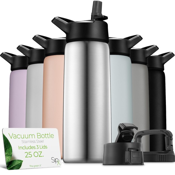 SipX™ Triple-Insulated Stainless Steel Water Bottle 25oz. With 3 Lids,