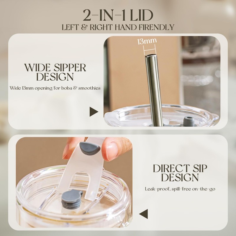 KEMORELA 24oz Clear Glass Tumbler with Handle, Lid & 13mm