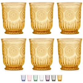 Yungala Amber drinking glasses set of 6 amber glassware cups, 8 oz small water glasses hobnail dishwasher safe cute colored drinkware for fall tablescape
