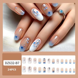 Medium Press On Nails Rhinestone Fake Nails with Designs Square Gradient Blue Nails Press Ons Elegant French Manicure 3D False Nails Acrylic Glossy Full Cover Spring Glue Stick On Nails for Women