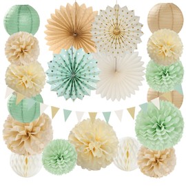 Sage-Green Champagne-Gold Baby Shower Party Decorations - 20pcs Neutral Birthday Paper Lanterns Fans,Boho Wedding Tissue Pom Poms,Honeycomb Streamers Banner,Bridal Graduation Rustic Decor Burgleda