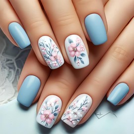 Shimmerz 24 Pieces Blue White Artificial Medium Square Press Nails Full Cover Acrylic False with Floral Patterns Reusable Sticker Nails for Women