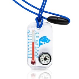 Sun Company Wildlife Therm-o-Compass - Thermometer and Compass for Kids with UV Exposure Decal | Reflective Lanyard and Fun Animal Designs | Camping and Hiking Accessory for Children (Blue Bass)