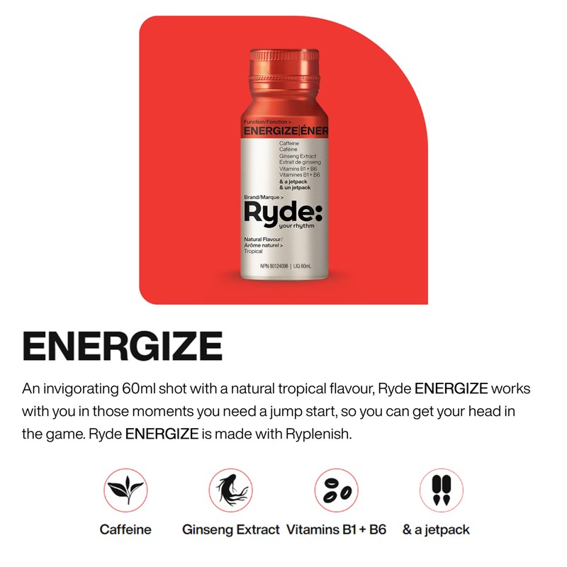 Ryde Energize Shot | Tropical Flavor | 8 pack of