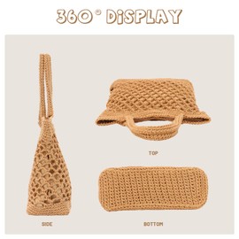 Ynport Crefreak Women's Shoulder Bag Large Cotton Crochet Net Shoulder Bag Knitted Tote Bag Travel Beach Mesh Bag Shopping Bag with Carry Handle Top, light brown