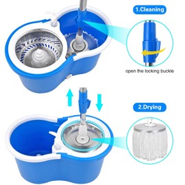 Spin Mop Bucket System, 360 Spin Floor Cleaning Mop Bucket with 3 Microfiber Replacement Head Refills Telescoping Handle for House Cleaning