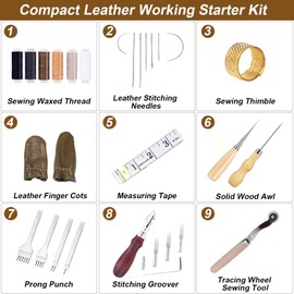 Leather Working Tools Kit, Leather Tool Set with Leather Groover, Prong Punch, Waxed Thread, Sewing Needles Leather Craft Tools for DIY Leather Hand Stitching Sewing and Making
