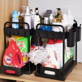 2 Pack Under Kitchen Sink Organizers Storage, 2-Tier Sliding Under Bathroom Cabinet Storage Drawer Organizer with Hooks, Hanging Cup, Handles, multi-purpose Under Sink Shelf Organizer, Black