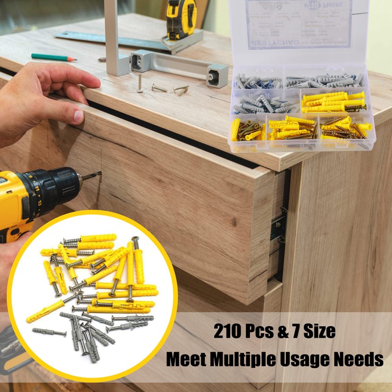 BESTYCHAO 210pcs Self Drilling Drywall Anchors, 7 Sizes Plastic Hollow