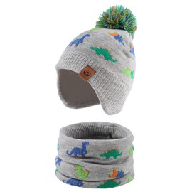 Zsedrut Baby Winter Hat & Scarf Set Kids Dinosaur Fleece Lining Warm Earflap Beanie with Pompom(Gray Colorful Dinosaur Set, L)