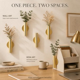 4pcs Gold Wall Decor Vase Set, Small Plant Holder Metal Tubes, Modern Hanging Vases for Flowers, Elegant Flower Accent Art Display for Bedroom Living Room Home, Adornos & Decoracion de Pared(Golden)