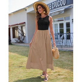 Zattcas Summer Maxi Dresses for Women 2025 Sleeveless Tank Top Patchwork Knit Crew Neck A Line Flowy Modest Teacher Church Business Casual Work Long Dress with Pockets Black Brown M